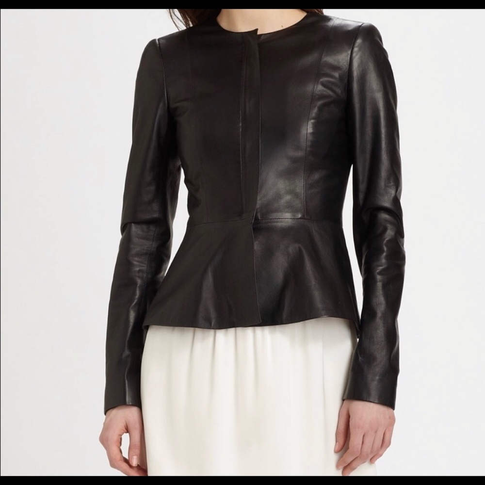 Theory Alimo Flaredhem Leather Jacket in Black